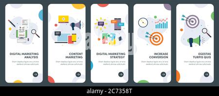 Set of concept flat design icons for marketing, digital, strategy, analysis, communication. UX, UI vector template kit for web design, applications, m Stock Vector