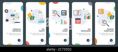 Set of concept flat design icons for financial, tax, investment, profit, loss, analysis. UX, UI vector template kit for web design, applications, mobi Stock Vector