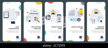 Set of concept flat design icons for management, analysis, smartphone and search engine. UX, UI vector template kit for web design, applications, mobi Stock Vector