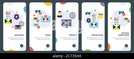 Set of concept flat design icons for antivirus, protection, security, email. UX, UI vector template kit for web design, applications, mobile interface Stock Vector