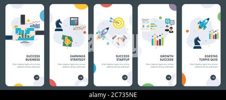 Set of concept flat design icons for success, earnings, strategy, startup, growth. UX, UI vector template kit for web design, applications, mobile int Stock Vector