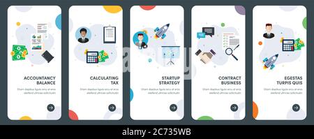 Set of concept flat design icons for accountancy, contract, business, tax, strategy.  UX, UI vector template kit for web design, applications, mobile Stock Vector