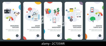 Set of concept flat design icons for investment, success, finance, measuring and risk. UX, UI vector template kit for web design, applications, mobile Stock Vector