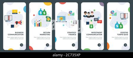Set of concept flat design icons of communication, strategy, finance, marketing. UX, UI vector template kit for web design, applications, mobile inter Stock Vector