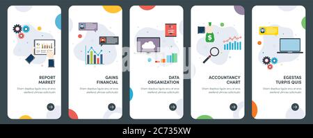 Set of concept flat design icons of report, market, accountancy, gains and financial. UX, UI vector template kit for web design, applications, mobile Stock Vector