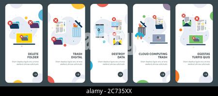Set of concept flat design icons for destroy, data, delete, folder and digital trash.  UX, UI vector template kit for web design, applications, mobile Stock Vector