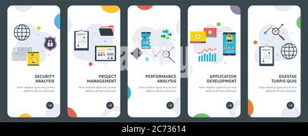 Set of concept flat design icons for security, analysis, project, management and performance. UX, UI vector template kit for web design, applications, Stock Vector