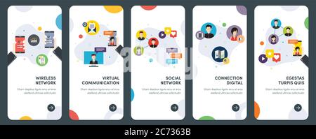 Set of concept flat design icons for communication, network, connection, wireless, virtual. UX, UI vector template kit for web design, applications, m Stock Vector