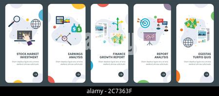 Set of concept flat design icons for stock market, investment, earnings, finance, growth.UX, UI vector template kit for web design, applications, mobi Stock Vector
