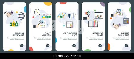 Set of concept flat design icons for investment, analysis, calculations, rate, chart. UX, UI vector template kit for web design, applications, mobile Stock Vector