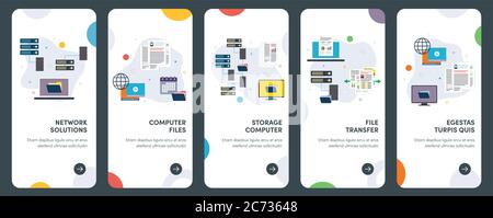 Set of concept flat design icons for network, solutions, computer, file, storage. UX, UI vector template kit for web design, applications, mobile inte Stock Vector