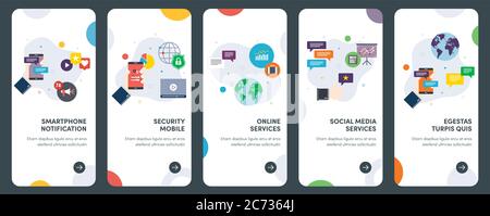 Set of concept flat design icons for security, smartphone, notification, service. UX, UI vector template kit for web design, applications, mobile inte Stock Vector