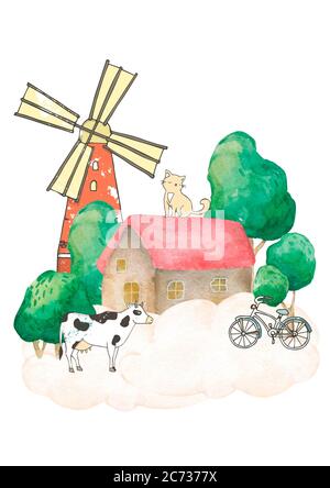 Farm landscape with fields and farmhouse. Had drawn watercolor isolated illustration Stock Photo