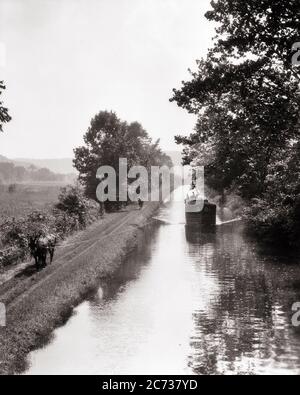 1930s SINGLE MULE ON TOWPATH PULLING BARGE ON DELAWARE CANAL NEW HOPE PENNSYLVANIA USA - c451 HAR001 HARS OCCUPATIONS 19TH CENTURY CONCEPTUAL NEW HOPE STYLISH DELAWARE CANAL TOWPATH CANAL MULE BARGE BLACK AND WHITE HAR001 OLD FASHIONED Stock Photo