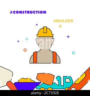 Worker, builder in hard hat filled line vector icon, simple illustration, related bottom border. Stock Vector