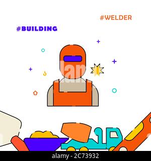 Welder, man in welding mask filled line vector icon, simple illustration, related bottom border. Stock Vector