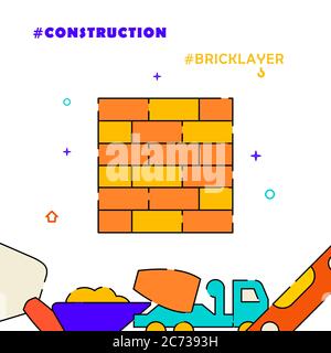 Brick wall, bricklayer, masonry filled line vector icon, simple illustration, related bottom border. Stock Vector