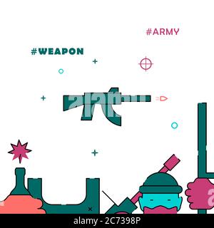 Kalashnikov assault rifle, machine gun filled line vector icon, simple illustration, related bottom border. Stock Vector