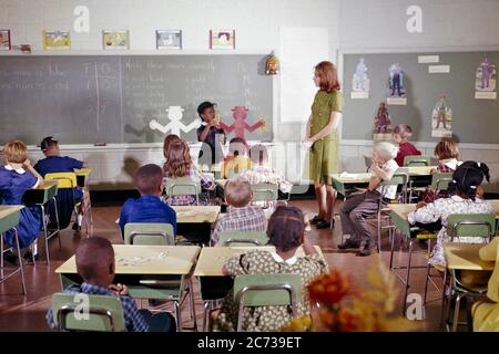 1960s Elementary School Children In Classroom With Hands Raised To