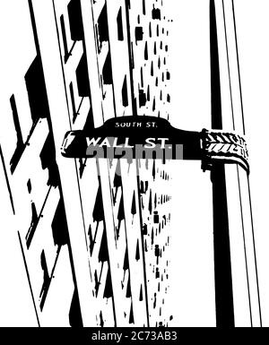 1970s POSTERIZED BLACK AND WHITE GRAPHIC SYMBOLIC VERSION OF WALL STREET SIGN - s18789 HAR001 HARS HAR001 OLD FASHIONED POSTERIZED REPRESENTATION VERSION Stock Photo