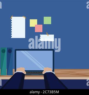 Hand type on the laptop many tasks on the wall sticky notes. Stock Vector