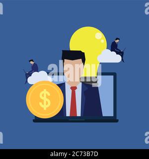 Businessman personality with idea and money online cloud recruitment. Business Landing Page Template. Stock Vector