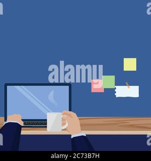 Hand type on the laptop many tasks on the wall sticky notes other hand hold cup of coffee. Stock Vector