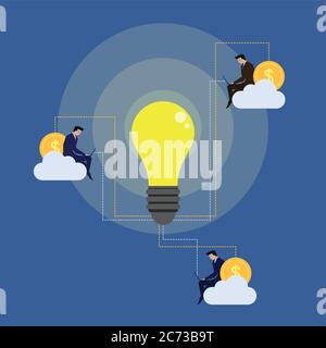 Three businessman sit on the cloud with laptop connected to idea. Metaphor of get money online and share the idea. Stock Vector