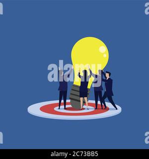 Team of businessman and woman try to enforce the idea together on the targeted floor. Business Landing Page Template. Stock Vector