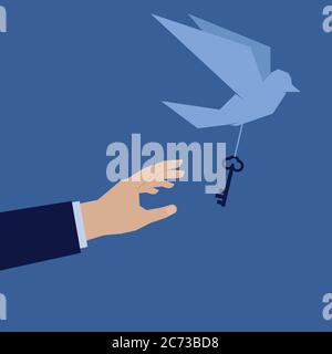 Hand try to catch the bird take key of success away. Stock Vector