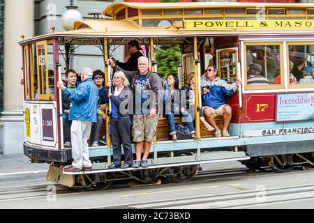 San Francisco California,Powell Street,downtown street scene,transit system,historic cable car,Powell Mason Line,Car 17,passenger passengers rider rid Stock Photo