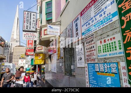 San Francisco California,Chinatown,ethnic neighborhood,Clay Street,kanji,hanzi,signs,signs,Chinese language,bilingual,bilingual,acupuncture,alternativ Stock Photo