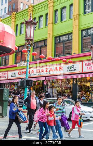 San Francisco California,Chinatown,ethnic neighborhood,Grant Street,kanji,shopping shopper shoppers shop shops market markets marketplace buying selli Stock Photo