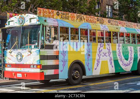 San Francisco California,7th Street,sightseeing tour,psychedelic,custom painted,60s,Magic bus,coach,multi media,Haight Ashbury,CA110717068 Stock Photo