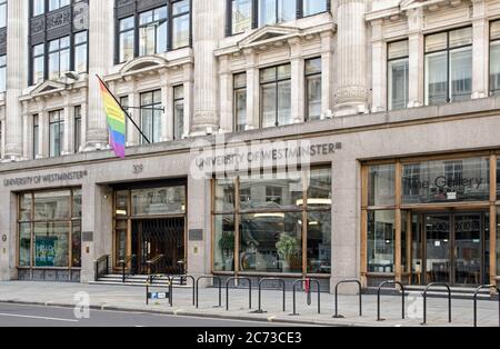 London, UK - April 24, 2020: Main entrance to the University of Westminster, formerly the London Polytechnic, on Upper Regent Street in Central London Stock Photo