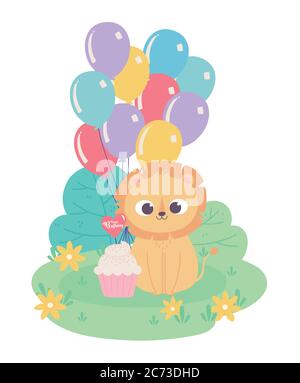 happy birthday, cute little lion with party hat balloons and cupcake celebration decoration cartoon vector illustration Stock Vector