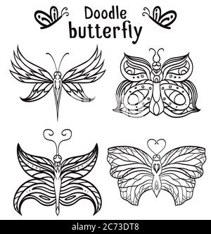 Set of hand drawn butterfly with boho pattern. Tribal doodle elements. Vector element for your creativity. Stock Vector