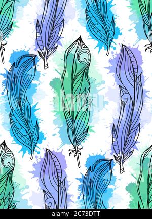 Seamless pattern of hand drawn feathers with boho pattern with watercolor splashes. Tribal doodle background. Vector element for your creativity. Stock Vector