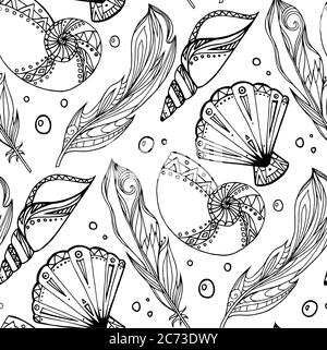 Seamless black and white pattern of hand drawn feathers and seashells with boho pattern. Tribal doodle background. Vector element for your creativity. Stock Vector
