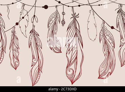 Seamless pattern of hanging hand drawn feathers  with boho pattern. Tribal doodle background. Vector element for your creativity. Stock Vector