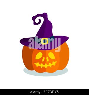 Carved pumpkin in witch hat. Smiley orange pumpkin isolated on white background. Vector illustration in flat style Stock Vector