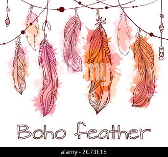Card with hanging hand drawn feathers  with boho pattern and watercolor splashes. Tribal doodle background. Vector element for your creativity. Stock Vector