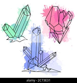 Set of various cartoon crystals with watercolor splashes. Vector elements for your creativity Stock Vector