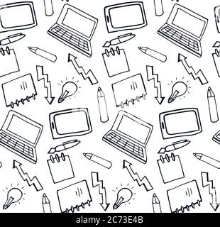 Seamless black and white pattern with an outline of objects on the topic of business Stock Vector
