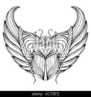 Hand drawn vintage scarab with wings. Insect with doodle pattern. Vector element for tattoo sketch, printing on T-shirts, postcards and your design Stock Vector