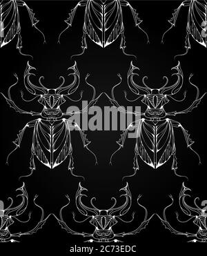 Seamless pattern with beetles deer with tribal patterns. Vector background with  effect of chalk on a blackboard Stock Vector