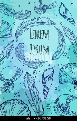 Card with hand drawn feathers, seashells with boho pattern and watercolor splashes. Tribal doodle postcard. Vector element for your creativity. Stock Vector