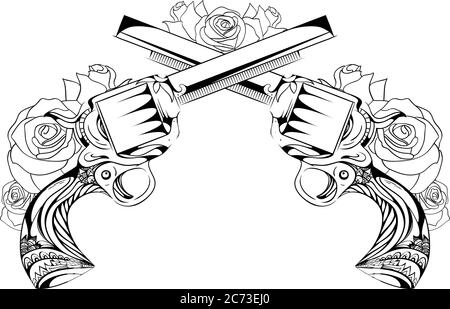 gun pistols crossed, bullets ornate detailed tattoo design element. vector  illustration Stock Vector | Adobe Stock