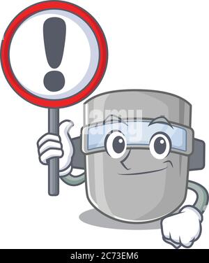 A cartoon icon of welding mask with a exclamation sign board Stock Vector