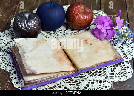 Poisonous magical apples and diary with empty pages on evil witch table. Esoteric, gothic and occult background with magic objects, mystic and fairy t Stock Photo